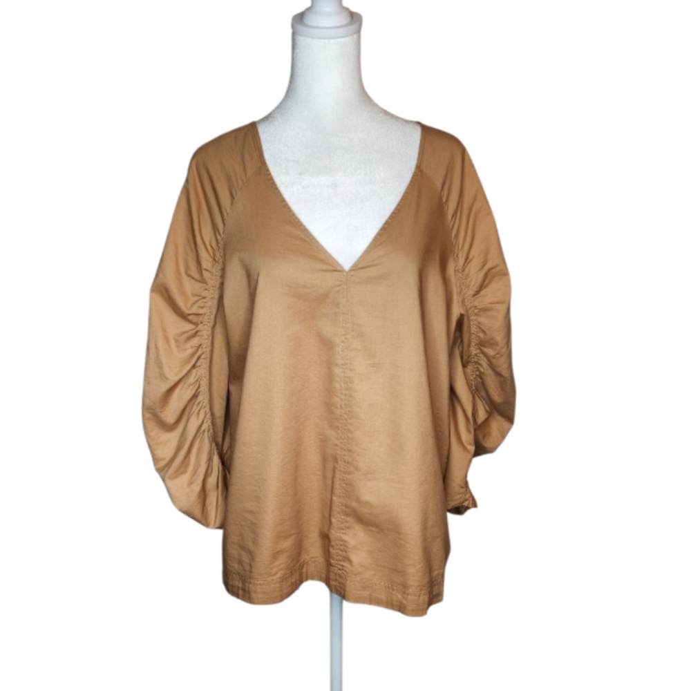 NEW Loft Camel Ruched 3/4 Sleeve V Neck Tie Back Top Size Large